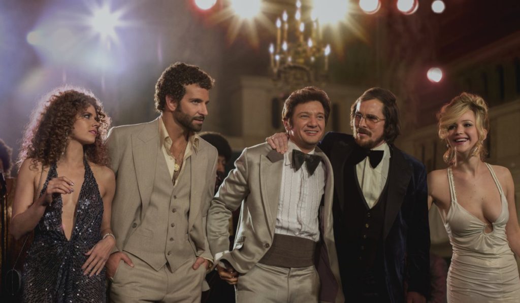 The all-star cast of American Hustle: Amy Adams, Bradley Cooper, Jeremy Renner, Christian Bale and Jennifer Lawrence
