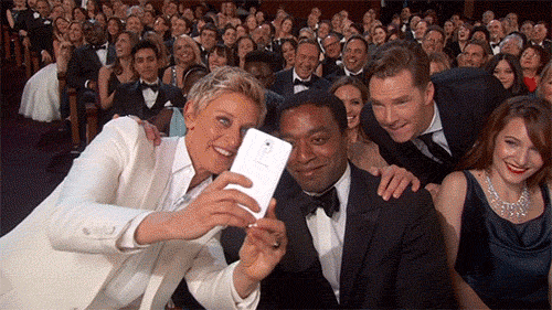 Ellen taking a selfie with 12 Years a Slave cast Brad Pitt, Chiwetel Ejiofor and Benedict Cumberbatch at the Oscars