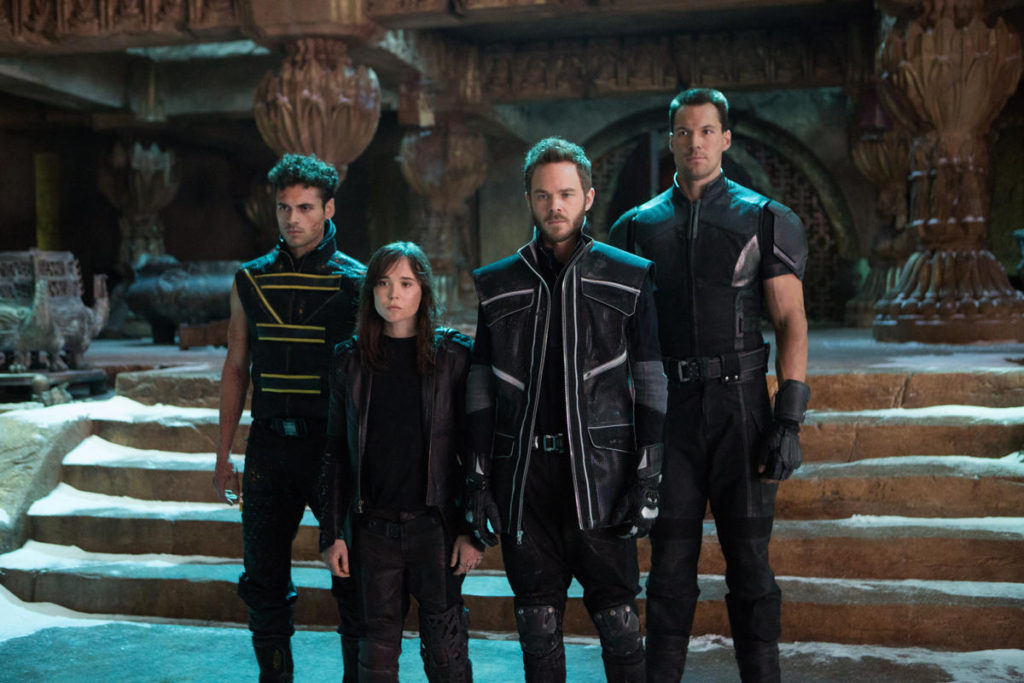 Adan Canto (Sunspot), Ellen Page (Kitty Pryde/Shadowcat), Shawn Ashmore (Bobby Drake/Iceman) and Daniel Cudmore (Colossus) in X-Men: Days of Future Past