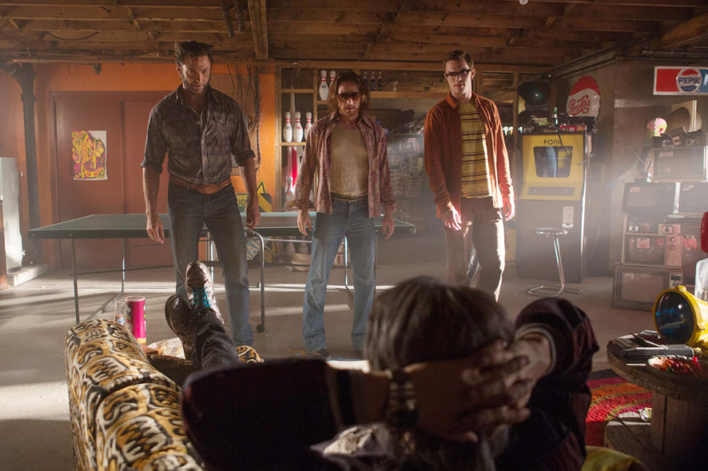 Hugh Jackman (Logan/Wolverine), James McAvoy (Charles Xavier/Professor X) and Nicholas Hoult (Hank McCoy/Beast) recruit Evan Peters (Pietro Maximoff/Quicksilver) to break out Magneto in X-Men: Days of Future Past