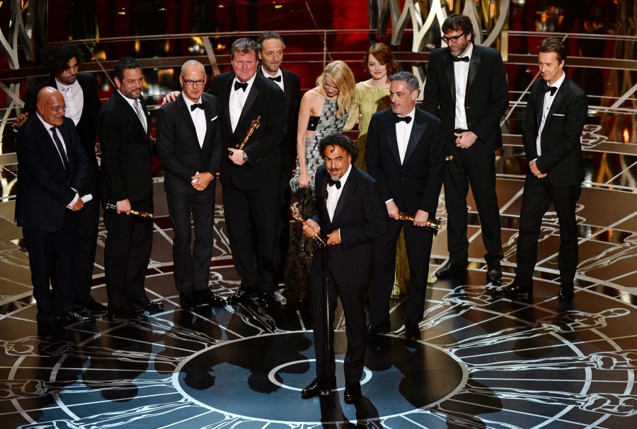 The cast and crew of Birdman receiving the award for Best Picture. (ROBYN BECK/AFP/Getty Images)