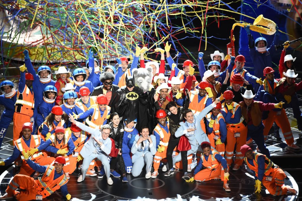 Performers present "Everything is Awesome" (The Lego Movie) on stage for the 87th Oscars on February 22, 2015 in Hollywood, California.(ROBYN BECK/AFP/Getty Images)