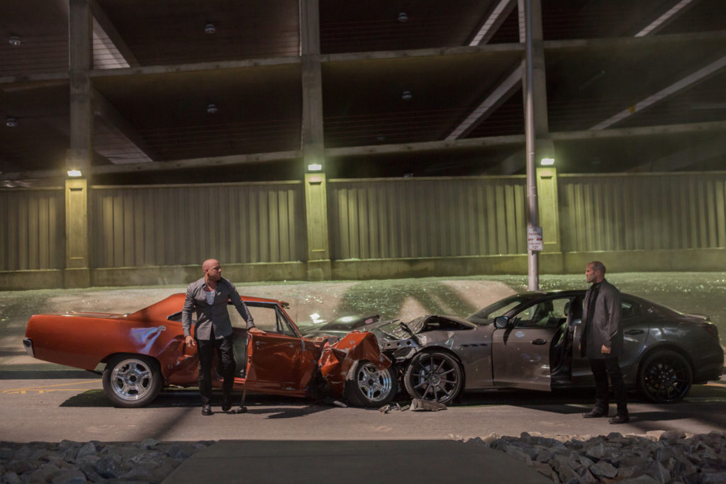Vin Diesel (Dominic Toretto) and Jason Statham (Deckard Shaw) face off, after deliberately crashing head on into each other at high speed. And they emerge nary a scratch!