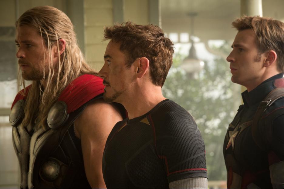 Chris Hemsworth (Thor), Robert Downey Jr. (Tony Stark) and Chris Evans (Captain America) in Avengers: Age of Ultron