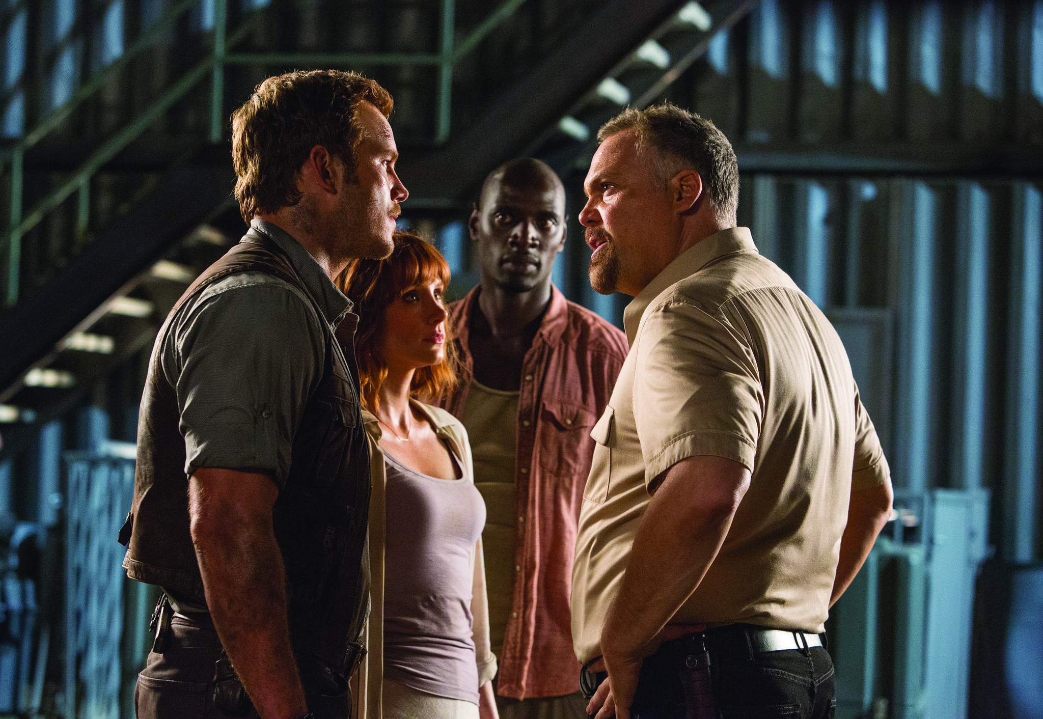 Chris Pratt (Owen Grady), Bryce Dallas Howard (Claire), Omar Sy (Barry) and Vincent D'Onofrio (Hoskins) in Jurassic World | Jurassic World review