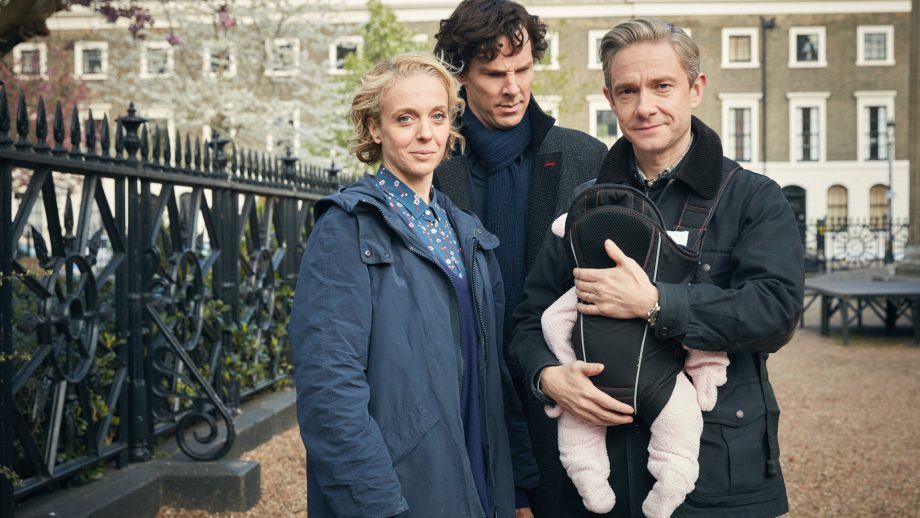 Mary, John and Sherlock (looking quizzically at baby Rosie) in 'The Six Thatchers'