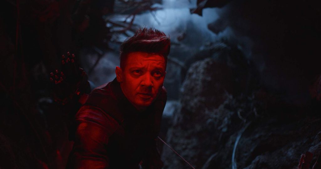 Hawkeye escaping from Thanos' horde of creatures in Avengers: Endgame